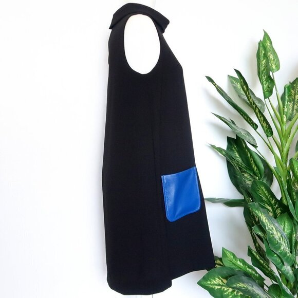 Anthropologie Dina Agam Black Crepe & Blue Lambskin Mock Sleeveless Shift Dress - Picture 11 of 16